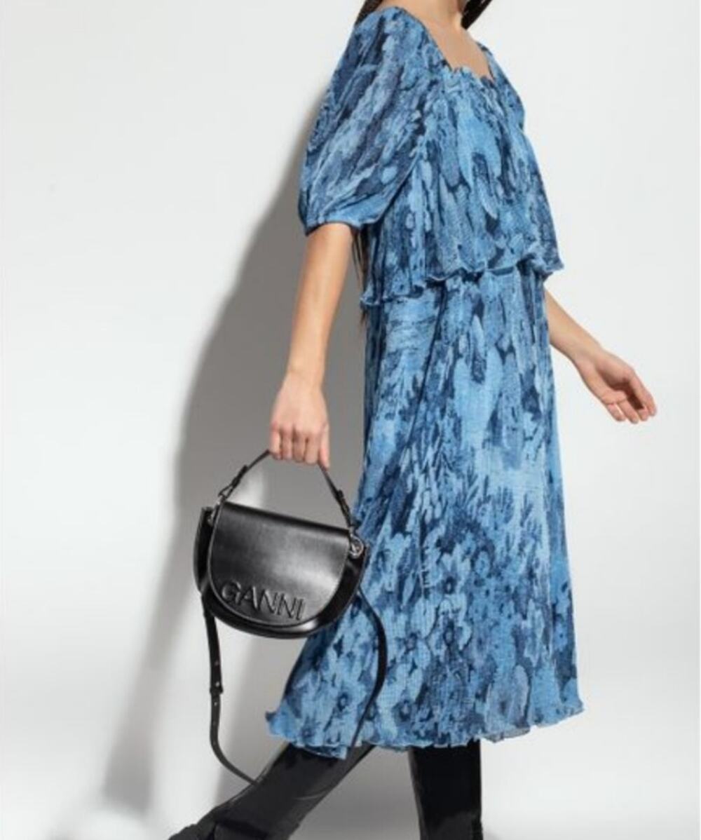 GANNI pleated georgette printed dress placid blue